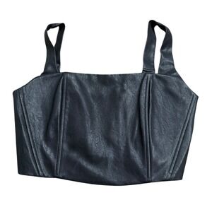 Beige Botany Black Faux Leather Corset Crop Top Bustier Zip Back Strap Womens M